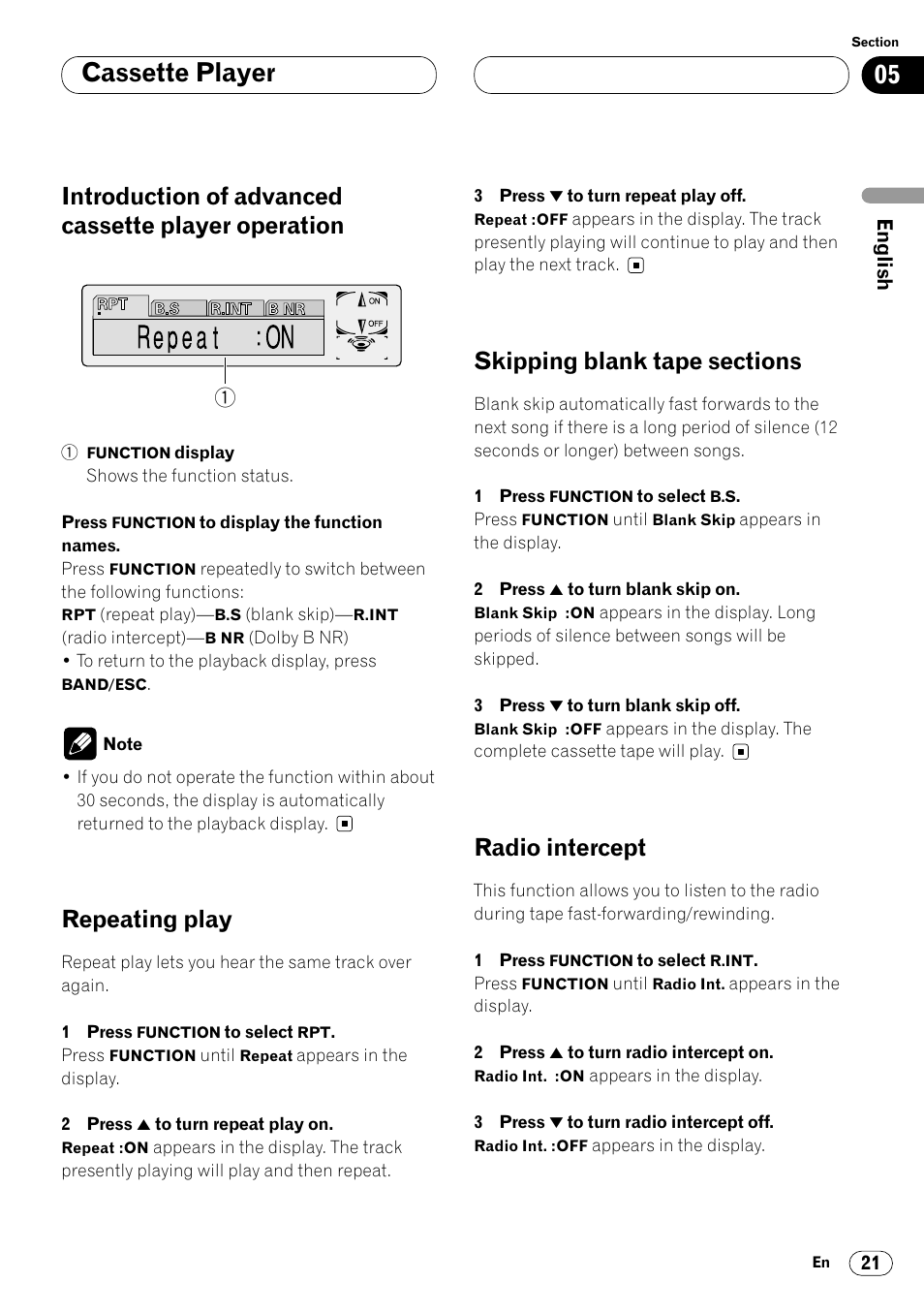 Introduction of advanced cassette player, Operation 21, Cassette player | Introduction of advanced cassette player operation, Repeating play, Radio intercept | Pioneer KEH-P7020R User Manual | Page 21 / 96