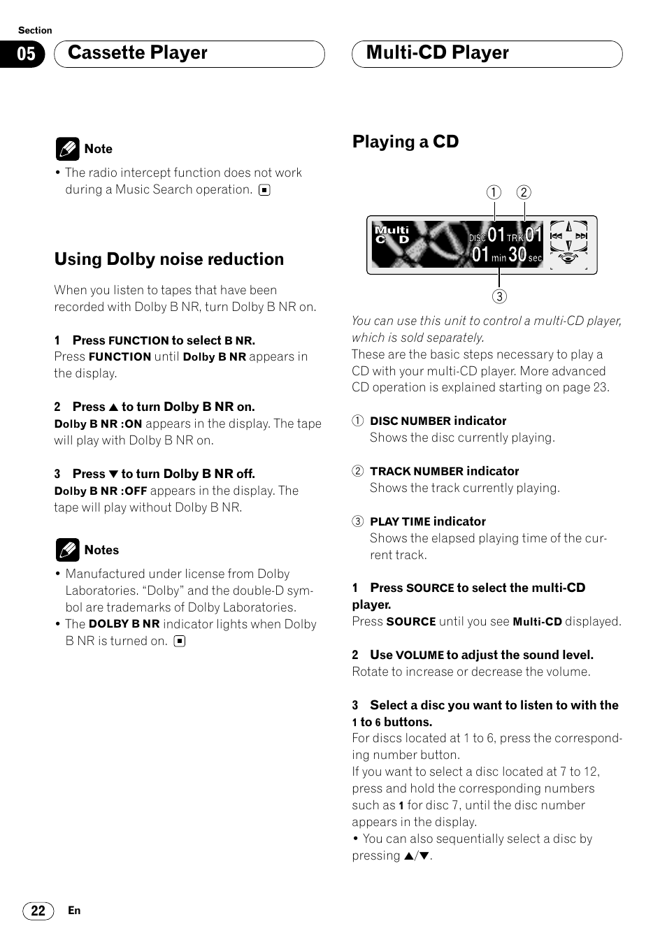 Using dolby noise reduction 22, Multi-cd player playing a cd 22, Cassette player multi-cd player | Using dolby noise reduction, Playing a cd | Pioneer KEH-P7020R User Manual | Page 22 / 96