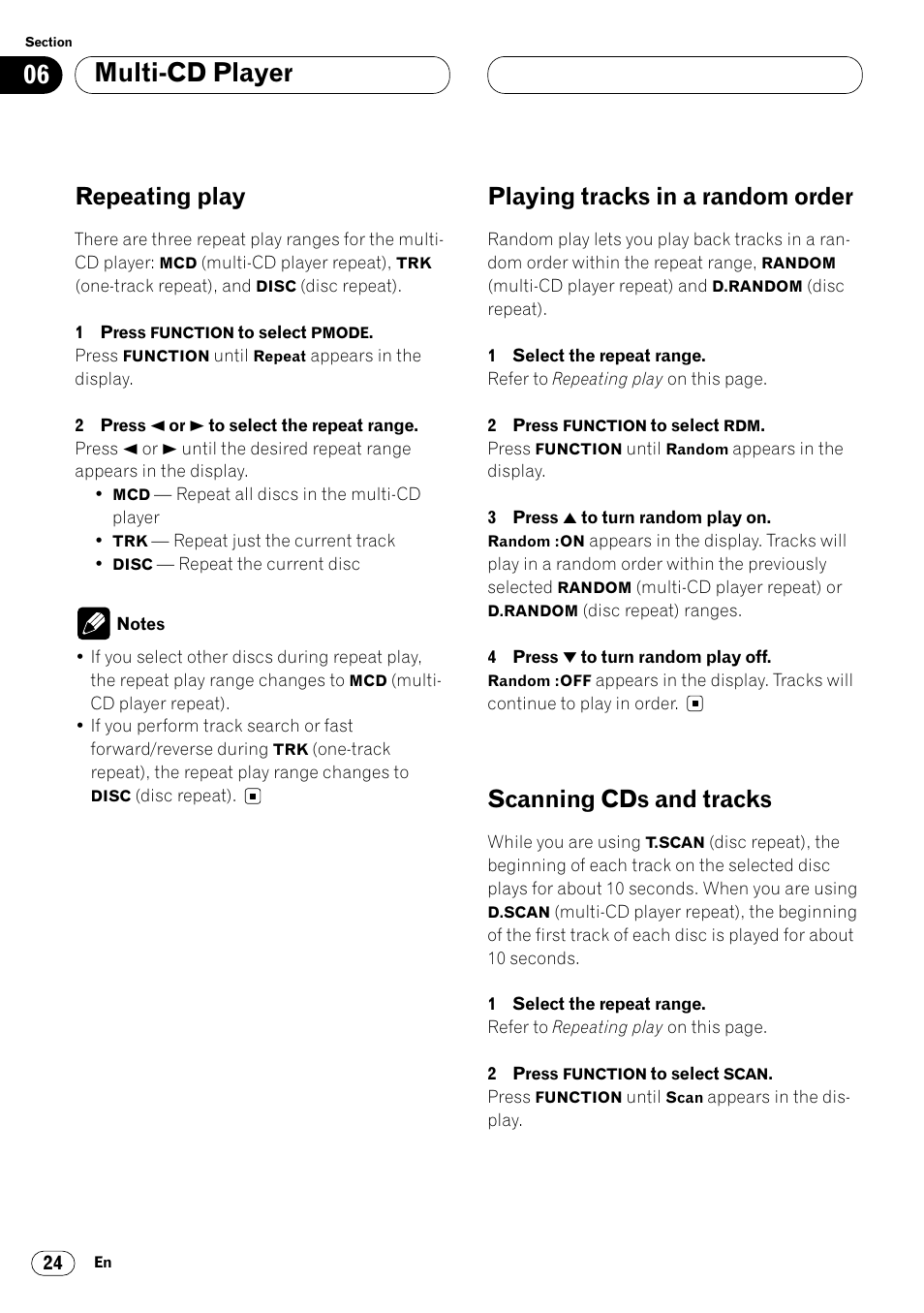 Multi-cd player, Repeating play, Playing tracks in a random order | Scanning cds and tracks | Pioneer KEH-P7020R User Manual | Page 24 / 96