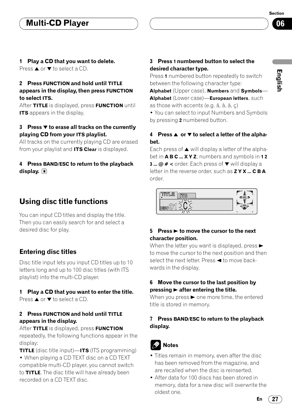 Using disc title functions 27, Entering disc titles 27, Multi-cd player | Using disc title functions | Pioneer KEH-P7020R User Manual | Page 27 / 96