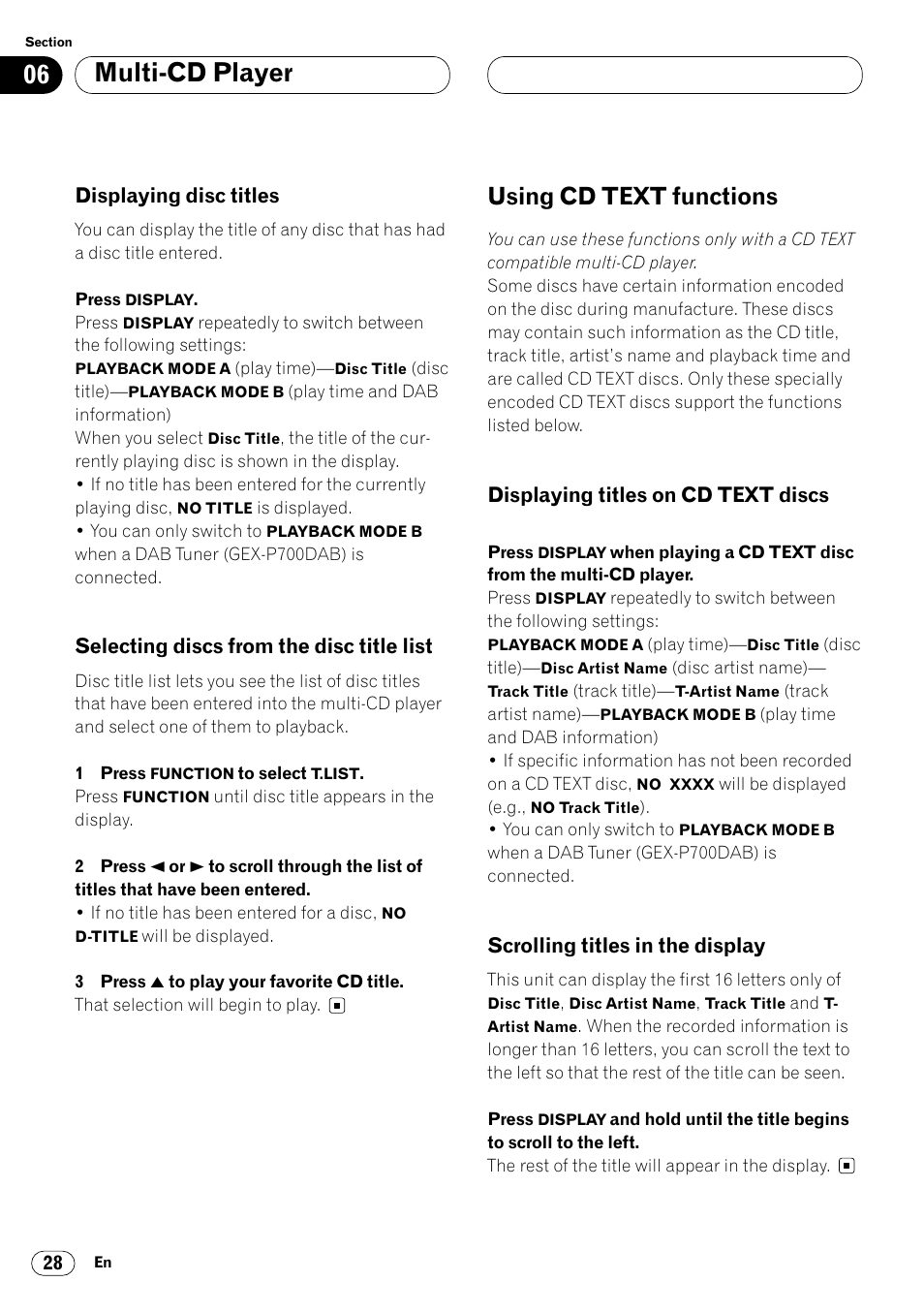 Title list 28, Using cd text functions 28, Multi-cd player | Using cd text functions, Displaying disc titles, Selecting discs from the disc title list, Displaying titles on cd text discs, Scrolling titles in the display | Pioneer KEH-P7020R User Manual | Page 28 / 96