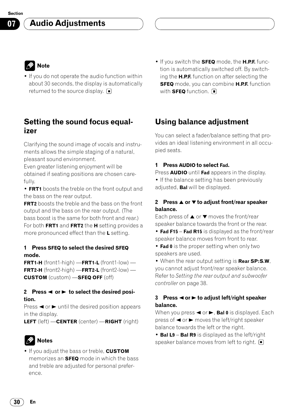 Audio adjustments, Setting the sound focus equal- izer, Using balance adjustment | Pioneer KEH-P7020R User Manual | Page 30 / 96