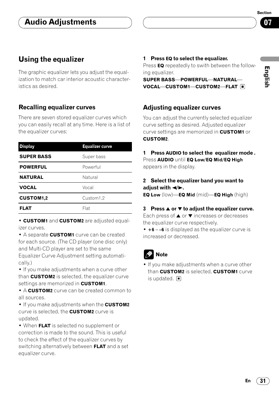 Using the equalizer 31, Audio adjustments, Using the equalizer | Recalling equalizer curves, Adjusting equalizer curves | Pioneer KEH-P7020R User Manual | Page 31 / 96
