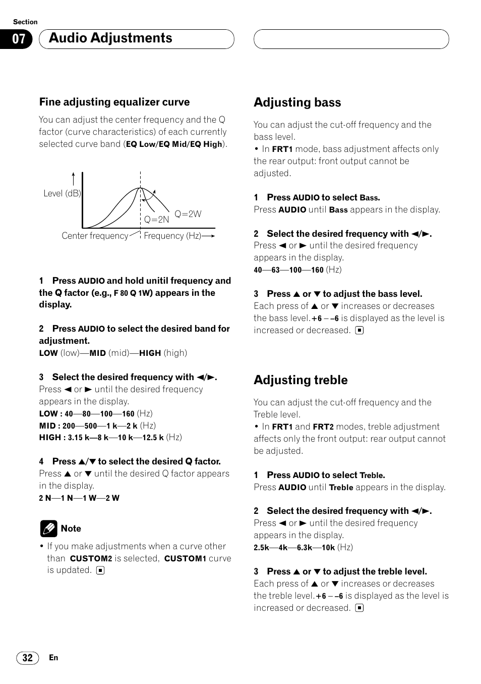 Fine adjusting equalizer curve 32, Adjusting bass 32 adjusting treble 32, Audio adjustments | Adjusting bass, Adjusting treble, Fine adjusting equalizer curve | Pioneer KEH-P7020R User Manual | Page 32 / 96