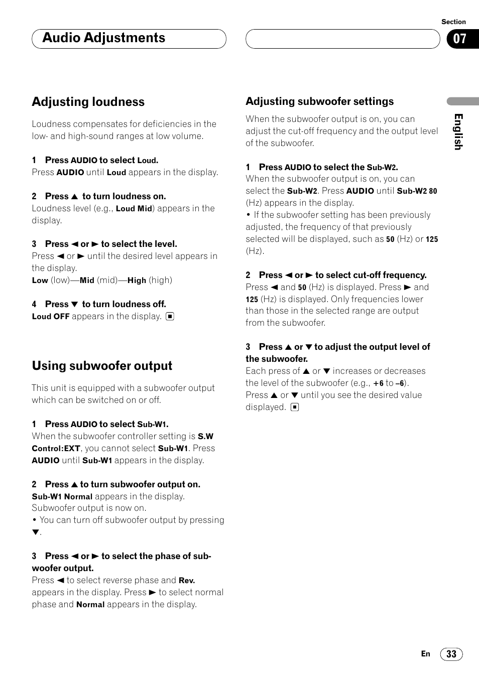 Adjusting loudness 33 using subwoofer output 33, Adjusting subwoofer settings 33, Audio adjustments | Adjusting loudness, Using subwoofer output | Pioneer KEH-P7020R User Manual | Page 33 / 96
