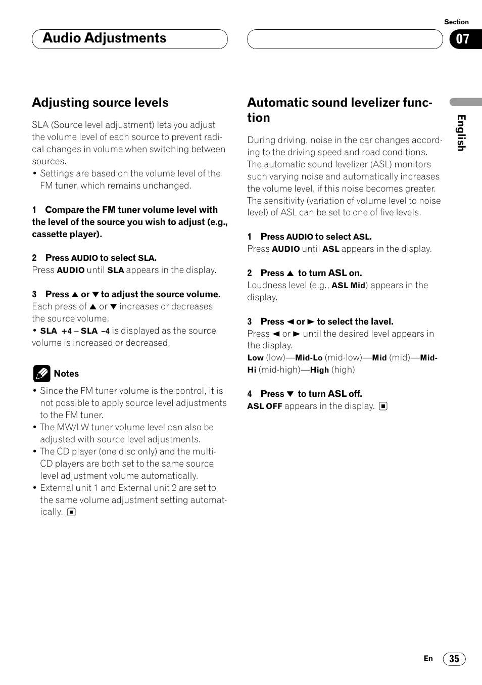 Audio adjustments, Adjusting source levels, Automatic sound levelizer func- tion | Pioneer KEH-P7020R User Manual | Page 35 / 96