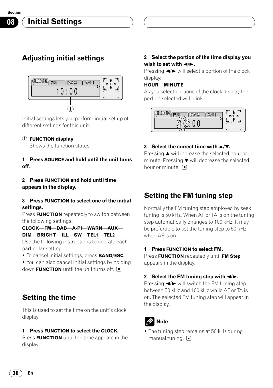 Initial settings, Adjusting initial settings, Setting the time | Setting the fm tuning step | Pioneer KEH-P7020R User Manual | Page 36 / 96