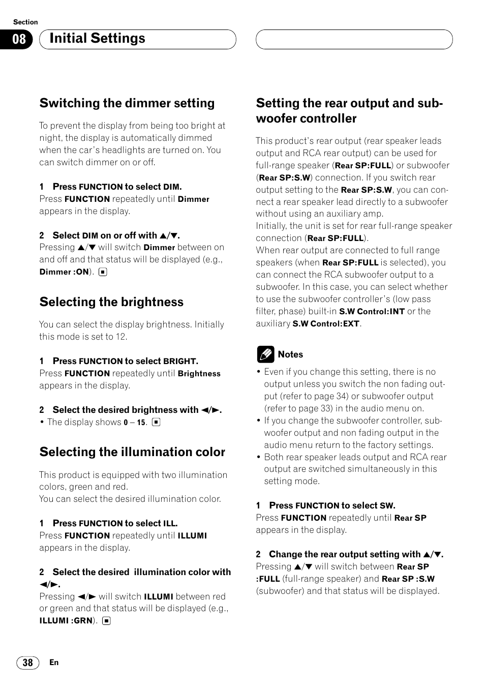 Subwoofer controller 38, Initial settings, Switching the dimmer setting | Selecting the brightness, Selecting the illumination color, Setting the rear output and sub- woofer controller | Pioneer KEH-P7020R User Manual | Page 38 / 96