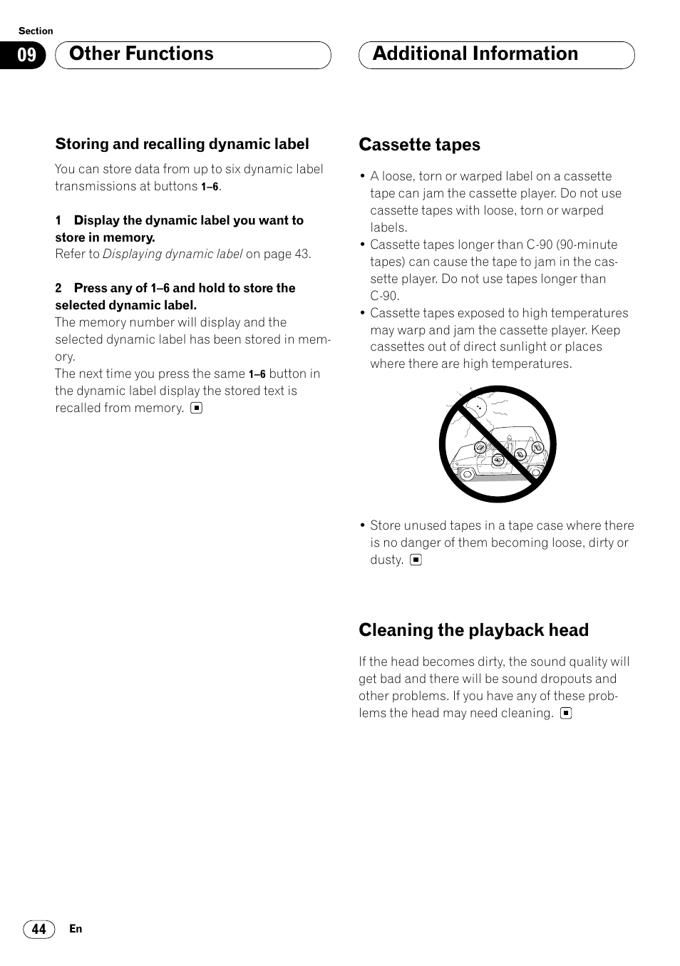 Storing and recalling, Dynamic label 44, Other functions additional information | Cassette tapes, Cleaning the playback head | Pioneer KEH-P7020R User Manual | Page 44 / 96