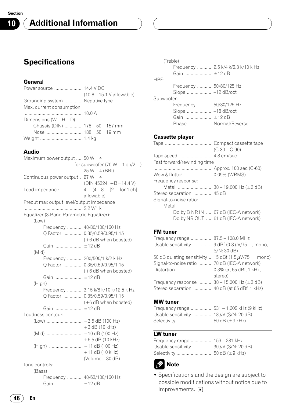 Specifications 46, Additional information, Specifications | Pioneer KEH-P7020R User Manual | Page 46 / 96