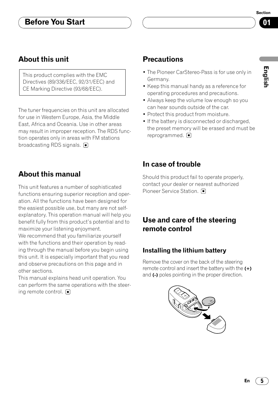 Before you start, About this unit, About this manual | Precautions, Use and care of the steering remote control | Pioneer KEH-P7020R User Manual | Page 5 / 96