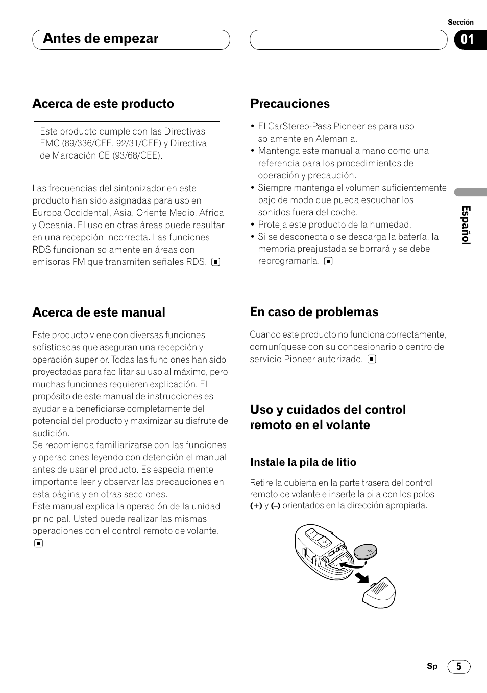 En el volante 5 • instale la pila de litio 5, Antes de empezar, Acerca de este producto | Acerca de este manual, Precauciones, En caso de problemas, Uso y cuidados del control remoto en el volante | Pioneer KEH-P7020R User Manual | Page 51 / 96