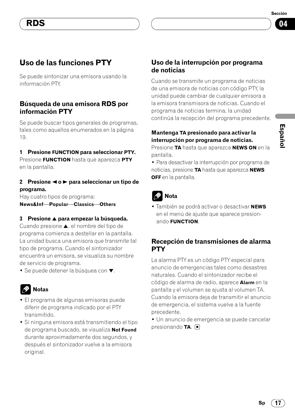 Uso de las funciones pty 17, Búsqueda de una emisora rds por, Información pty 17 | Uso de la interrupción por programa de, Noticias 17, Recepción de transmisiones de alarma, Pty 17, 04 rds, Uso de las funciones pty | Pioneer KEH-P7020R User Manual | Page 63 / 96