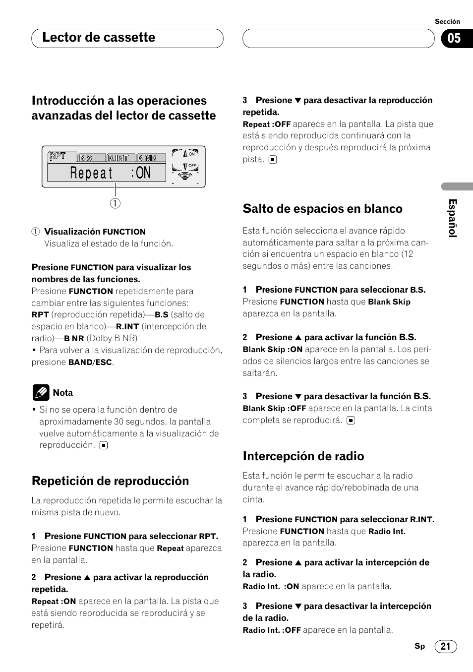 Introducción a las operaciones avanzadas, Del lector de cassette 21, Lector de cassette | Repetición de reproducción, Salto de espacios en blanco, Intercepción de radio | Pioneer KEH-P7020R User Manual | Page 67 / 96