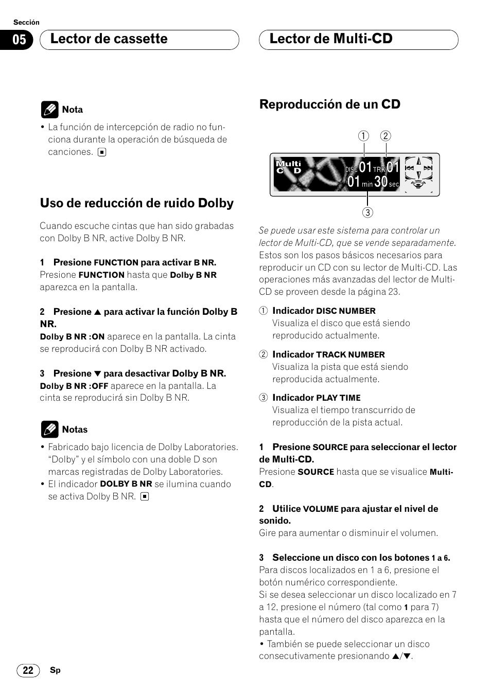 Uso de reducción de ruido dolby 22, Lector de multi-cd reproducción de un cd 22, Lector de cassette lector de multi-cd | Uso de reducción de ruido dolby, Reproducción de un cd | Pioneer KEH-P7020R User Manual | Page 68 / 96