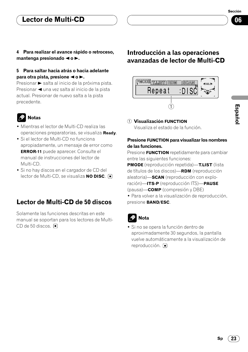 De lector de multi-cd 23, Lector de multi-cd, Lector de multi-cd de 50 discos | Pioneer KEH-P7020R User Manual | Page 69 / 96