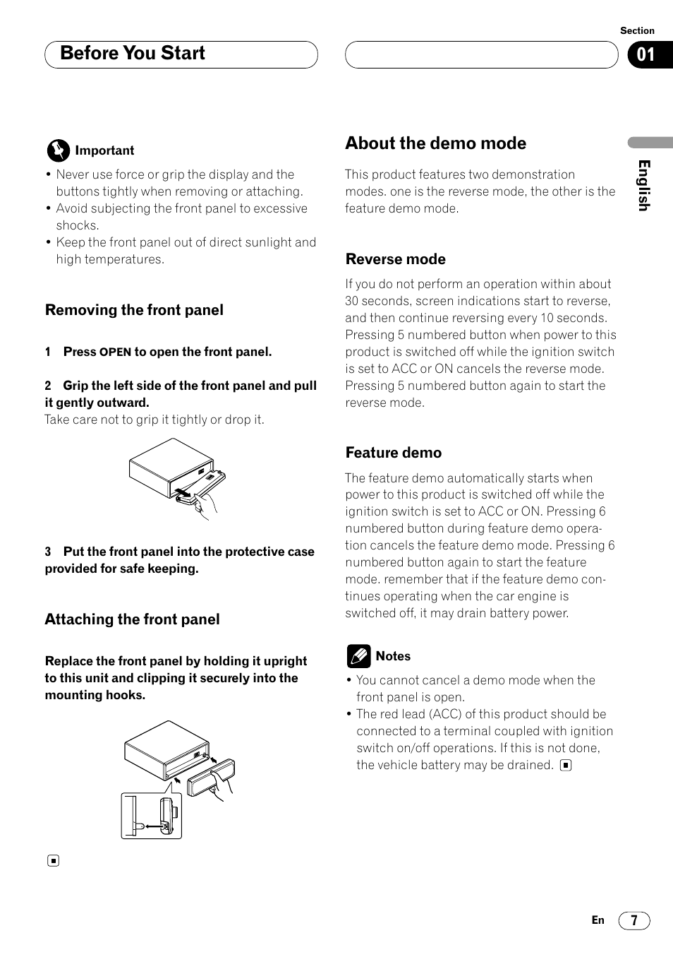 About the demo mode 7, Reverse mode 7 • feature demo 7, Before you start | About the demo mode | Pioneer KEH-P7020R User Manual | Page 7 / 96