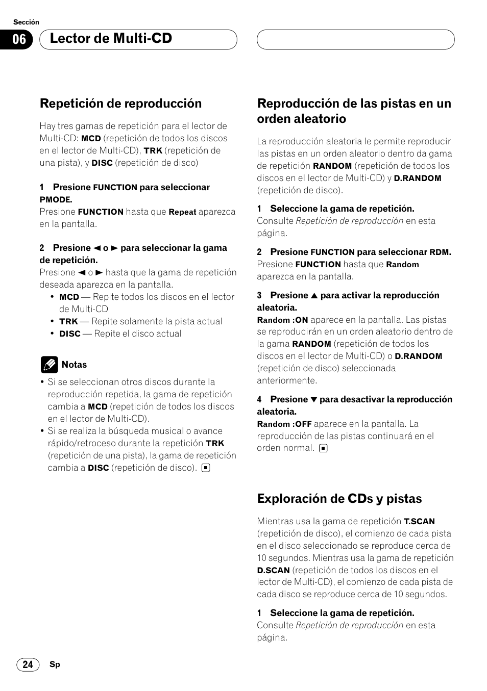 Aleatorio 24, Exploración de cds y pistas 24, Lector de multi-cd | Repetición de reproducción, Reproducción de las pistas en un orden aleatorio, Exploración de cds y pistas | Pioneer KEH-P7020R User Manual | Page 70 / 96