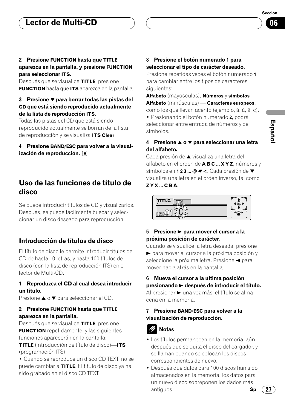 Uso de las funciones de título de disco 27, Introducción de títulos de disco 27, Lector de multi-cd | Uso de las funciones de título de disco | Pioneer KEH-P7020R User Manual | Page 73 / 96