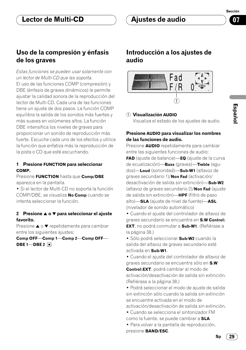 Uso de la compresión y énfasis de los, Graves 29, Lector de multi-cd ajustes de audio | Uso de la compresión y énfasis de los graves, Introducción a los ajustes de audio | Pioneer KEH-P7020R User Manual | Page 75 / 96