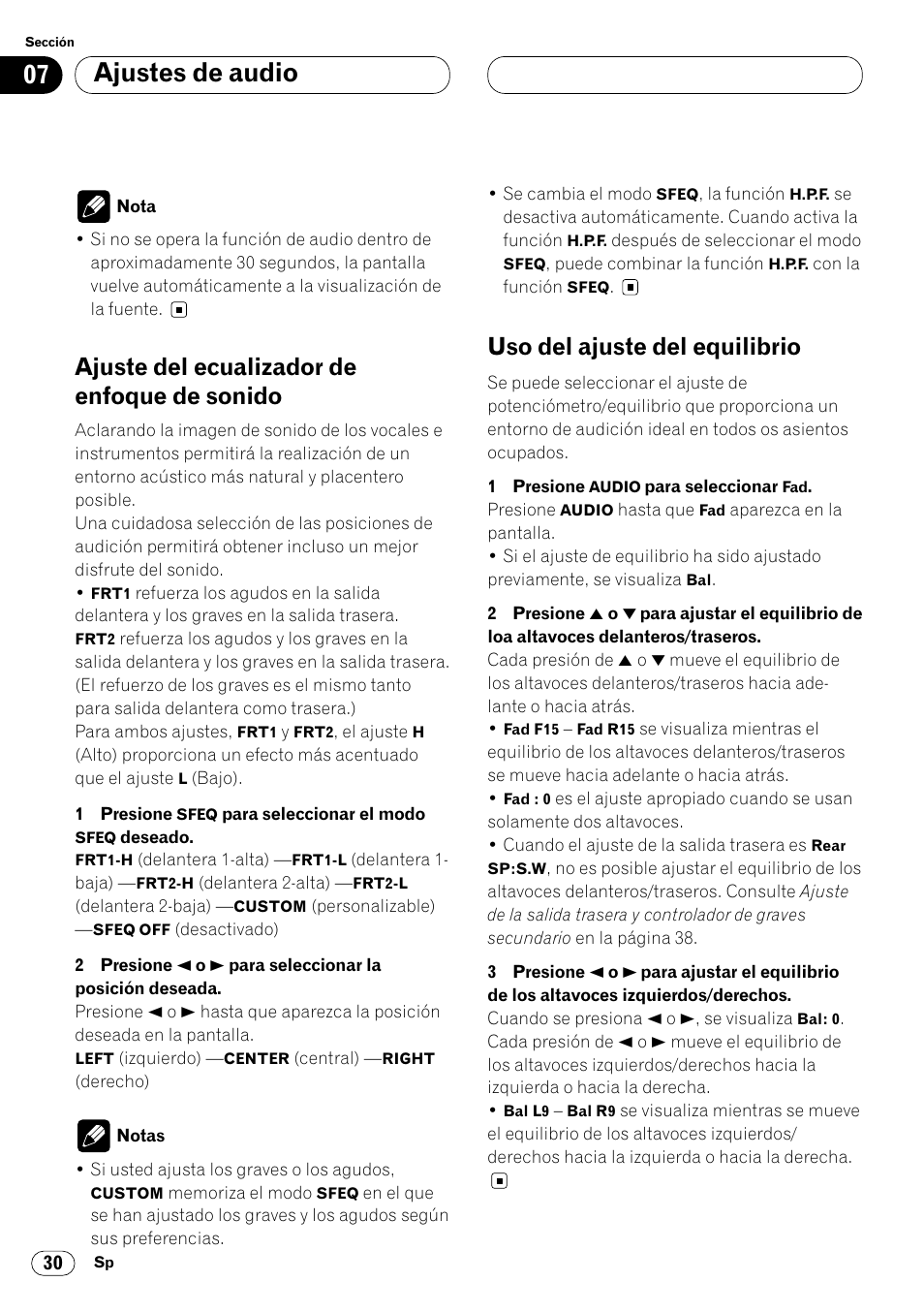 Ajustes de audio, Ajuste del ecualizador de enfoque de sonido, Uso del ajuste del equilibrio | Pioneer KEH-P7020R User Manual | Page 76 / 96