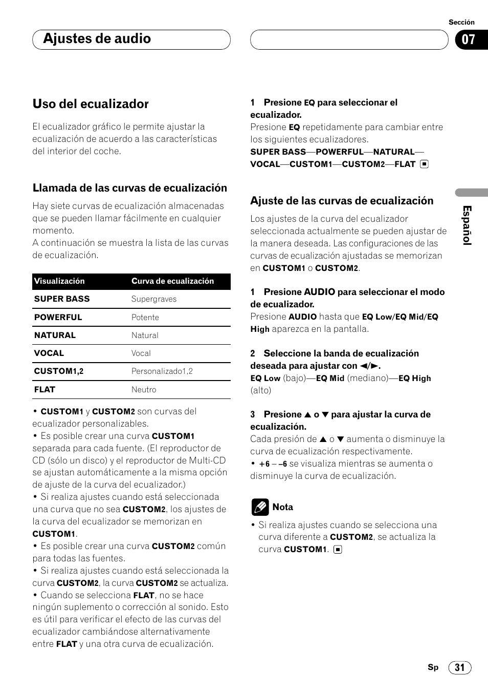 Uso del ecualizador 31, Ajustes de audio, Uso del ecualizador | Llamada de las curvas de ecualización, Ajuste de las curvas de ecualización | Pioneer KEH-P7020R User Manual | Page 77 / 96