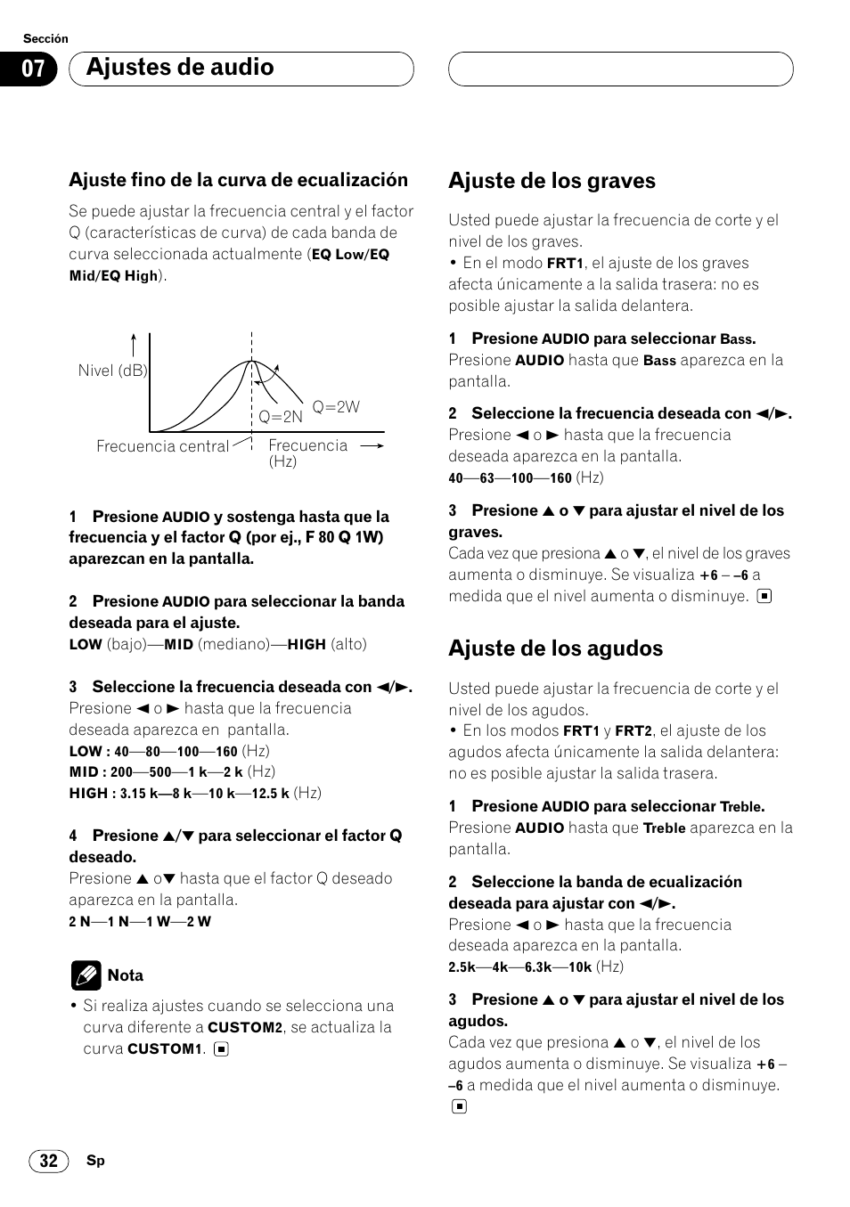 Ajuste fino de la curva de ecualización 32, Ajuste de los graves 32 ajuste de los agudos 32, Ajustes de audio | Ajuste de los graves, Ajuste de los agudos, Ajuste fino de la curva de ecualización | Pioneer KEH-P7020R User Manual | Page 78 / 96