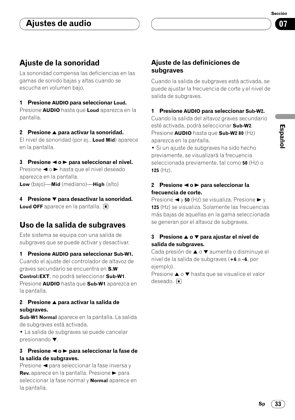 Ajuste de las definiciones de subgraves 33, Ajustes de audio, Ajuste de la sonoridad | Uso de la salida de subgraves | Pioneer KEH-P7020R User Manual | Page 79 / 96