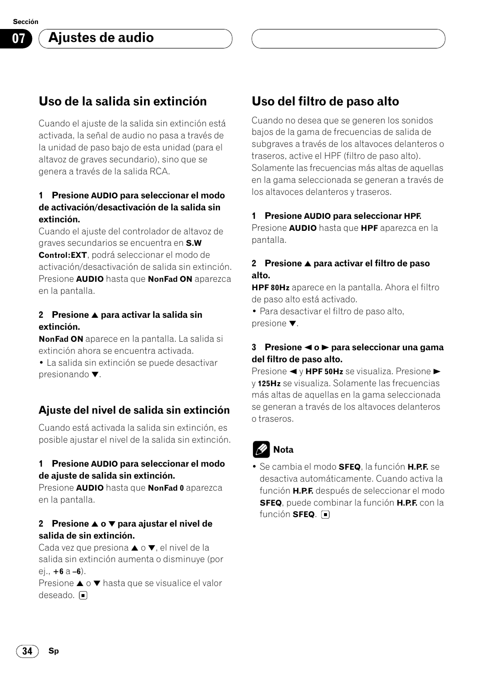 Uso de la salida sin extinción 34, Ajuste del nivel de salida sin extinción 34, Uso del filtro de paso alto 34 | 07 ajustes de audio, Uso de la salida sin extinción, Uso del filtro de paso alto | Pioneer KEH-P7020R User Manual | Page 80 / 96