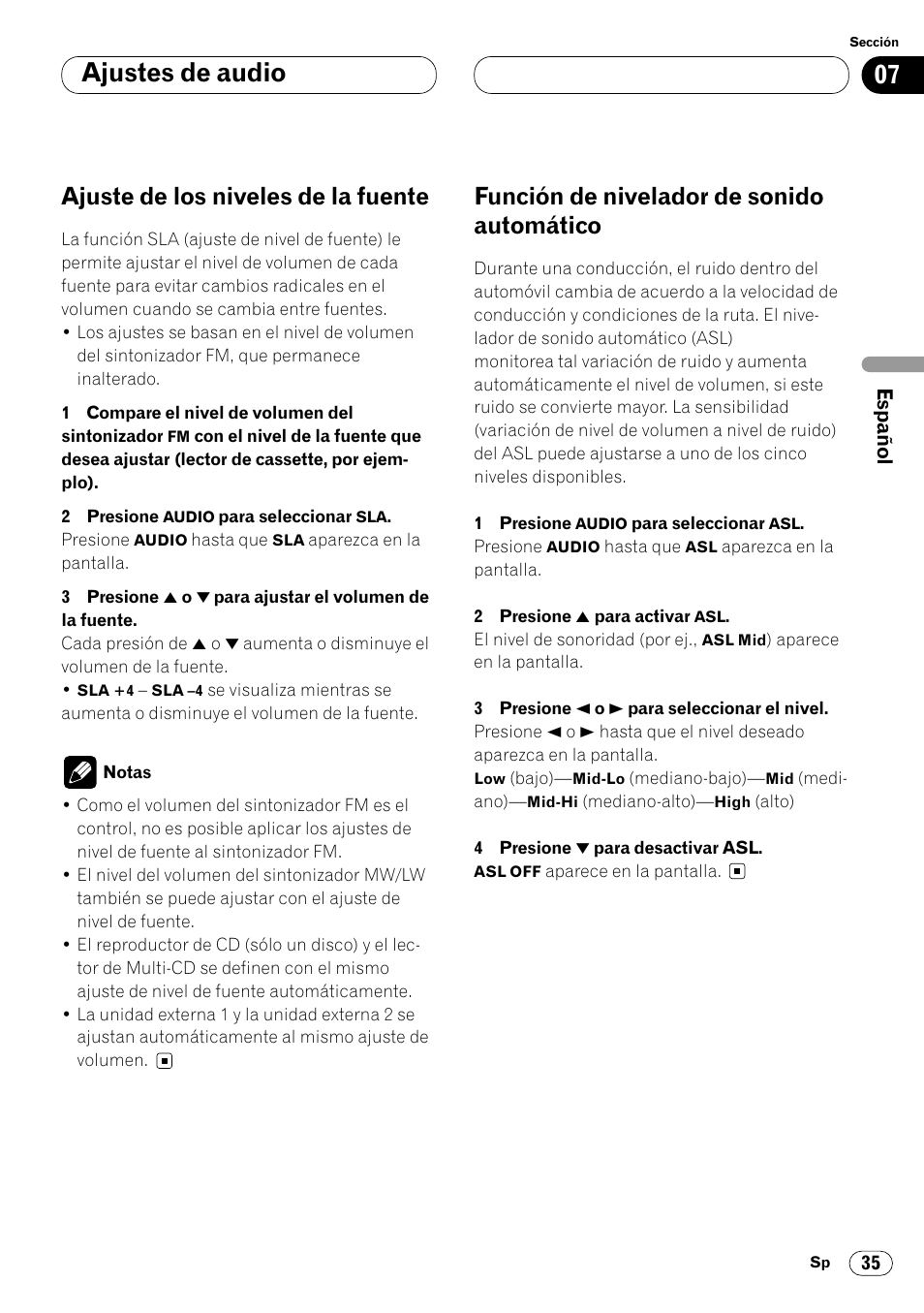 Automático 35, 07 ajustes de audio, Ajuste de los niveles de la fuente | Función de nivelador de sonido automático | Pioneer KEH-P7020R User Manual | Page 81 / 96