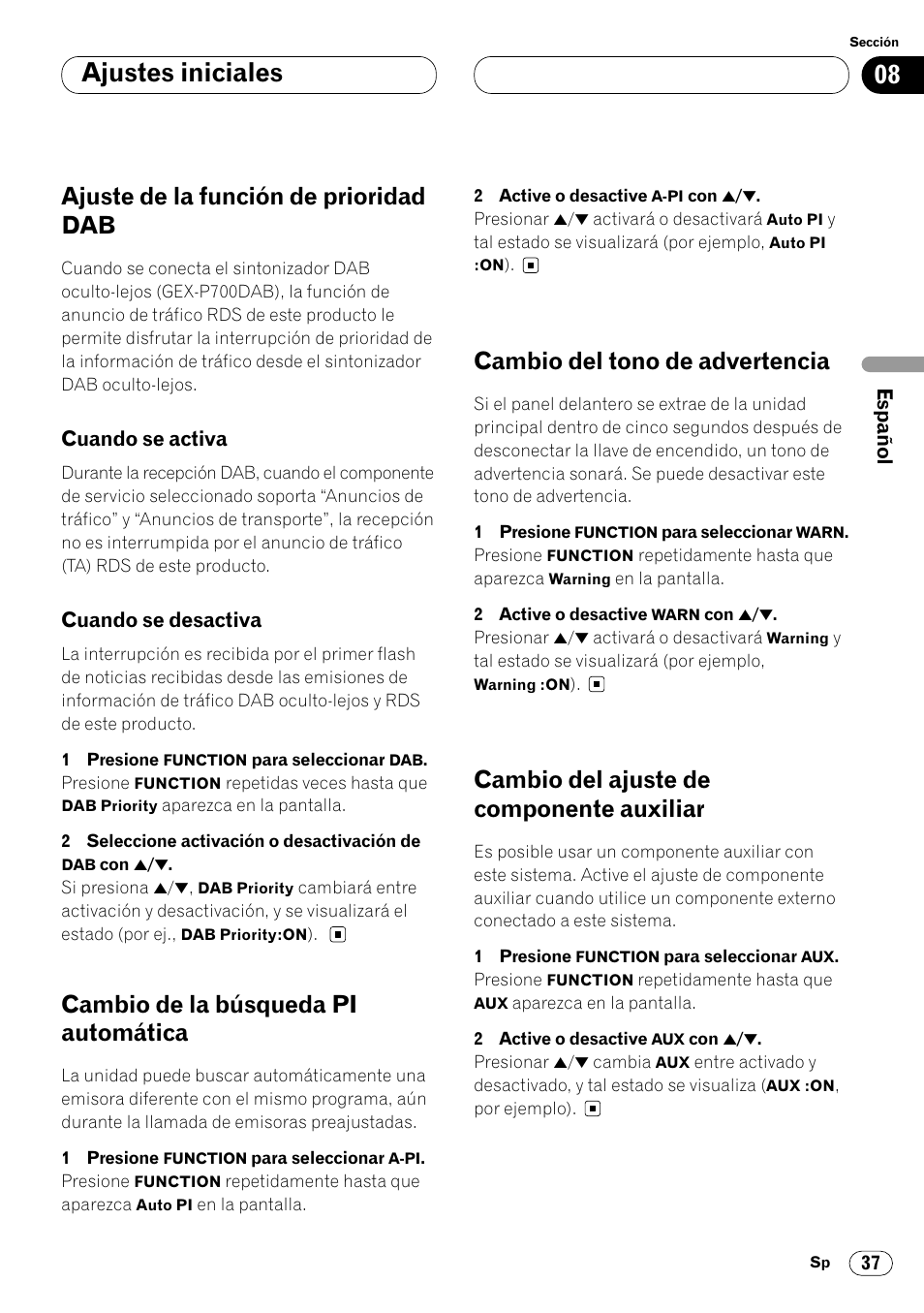 Ajuste de la función de prioridad dab 37, Cuando se activa 37 • cuando se desactiva 37, Ajustes iniciales | Ajuste de la función de prioridad dab, Cambio de la búsqueda pi automática, Cambio del tono de advertencia, Cambio del ajuste de componente auxiliar | Pioneer KEH-P7020R User Manual | Page 83 / 96