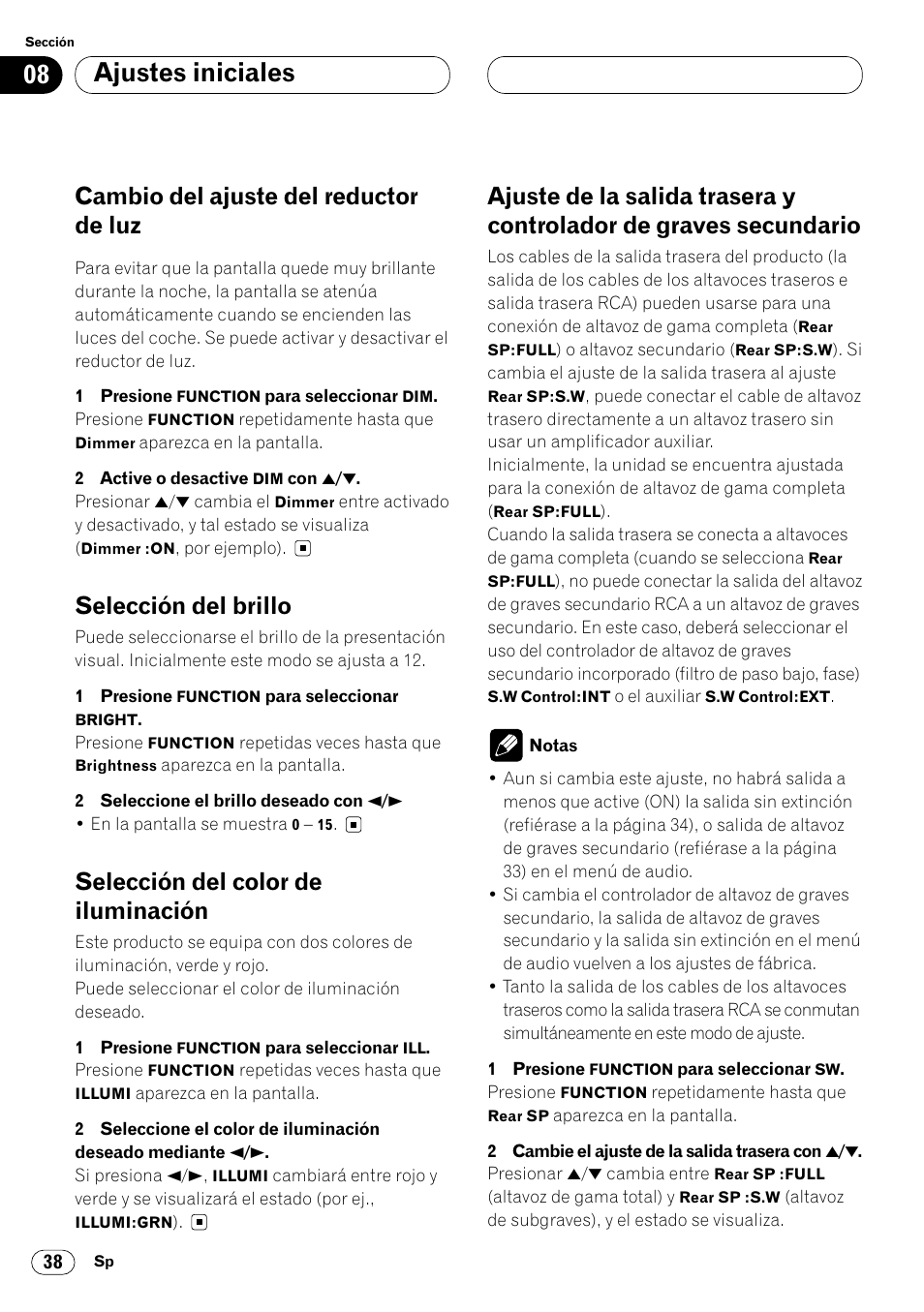 Graves secundario 38, Ajustes iniciales, Cambio del ajuste del reductor de luz | Selección del brillo, Selección del color de iluminación | Pioneer KEH-P7020R User Manual | Page 84 / 96
