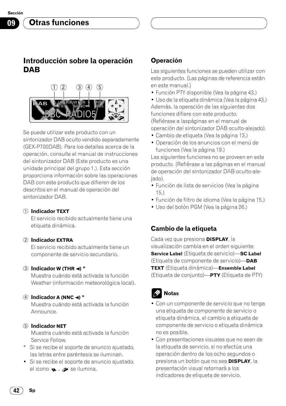 Introducción sobre la operación dab 42, Operación 42 • cambio de la etiqueta 42, Otras funciones | Introducción sobre la operación dab | Pioneer KEH-P7020R User Manual | Page 88 / 96