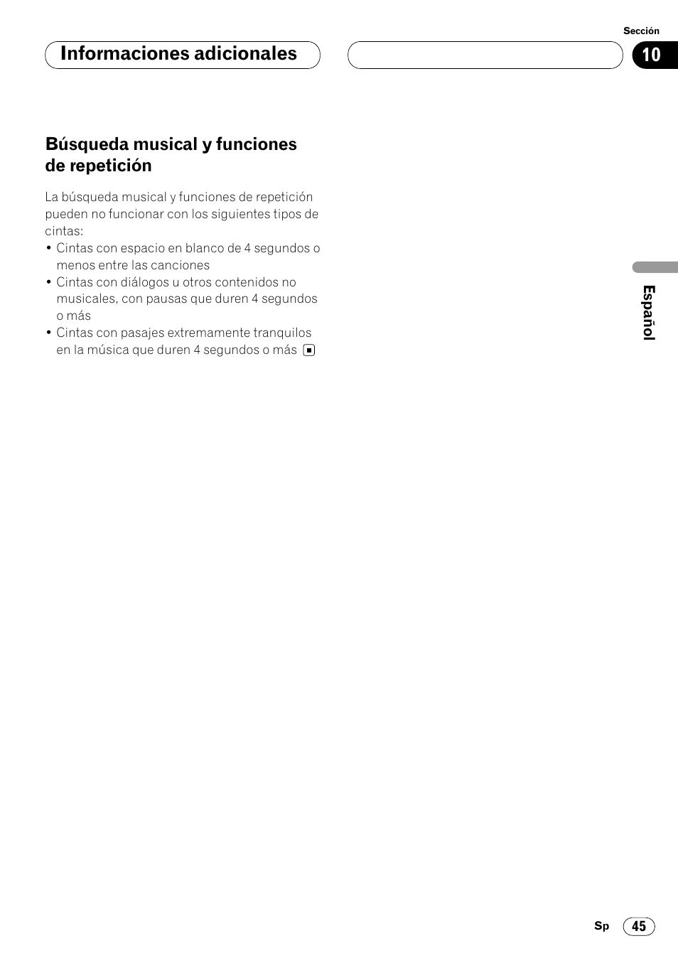 Búsqueda musical y funciones de, Repetición 45, 10 informaciones adicionales | Búsqueda musical y funciones de repetición | Pioneer KEH-P7020R User Manual | Page 91 / 96