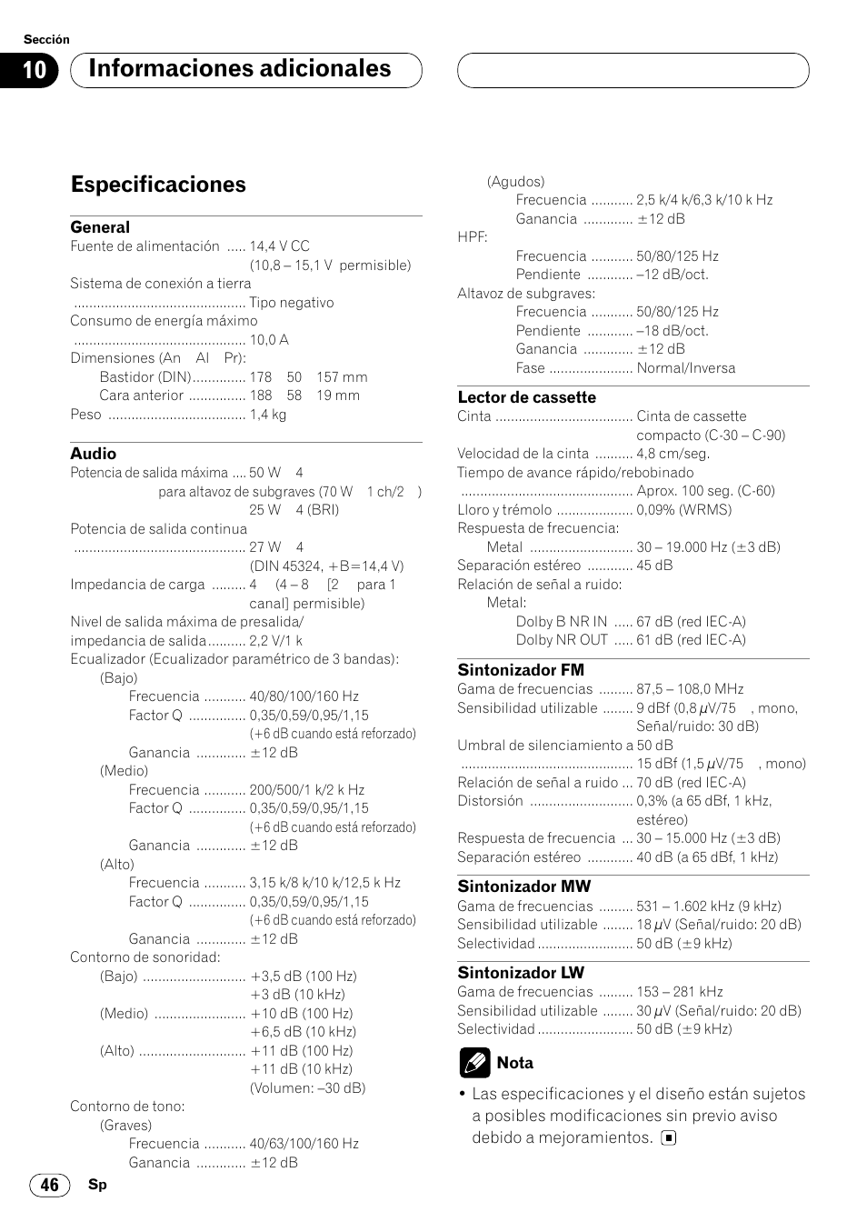 Especificaciones 46, Informaciones adicionales, Especificaciones | Pioneer KEH-P7020R User Manual | Page 92 / 96