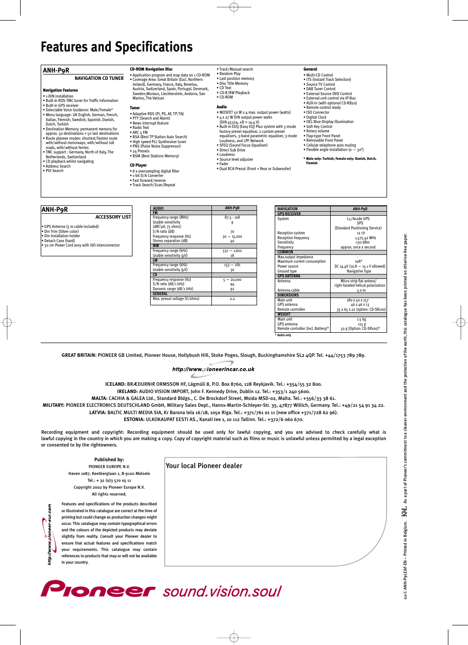 Features and specifications, Your local pioneer dealer, Anh-p9r | Pioneer CD Player User Manual | Page 4 / 4