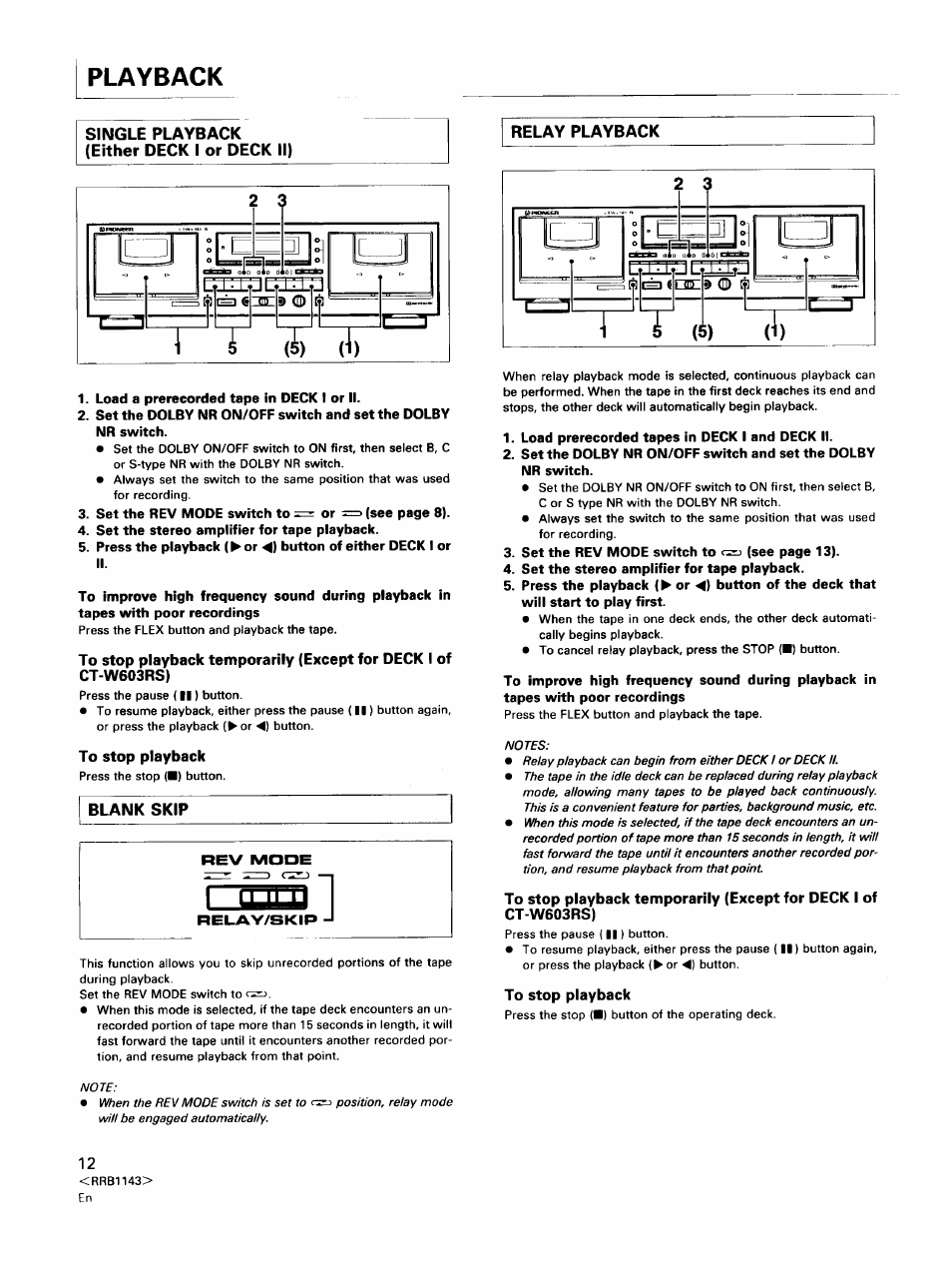 Playback, Single playback (either deck i or deck ii), To stop playback | Pioneer CT-W603RS User Manual | Page 12 / 23