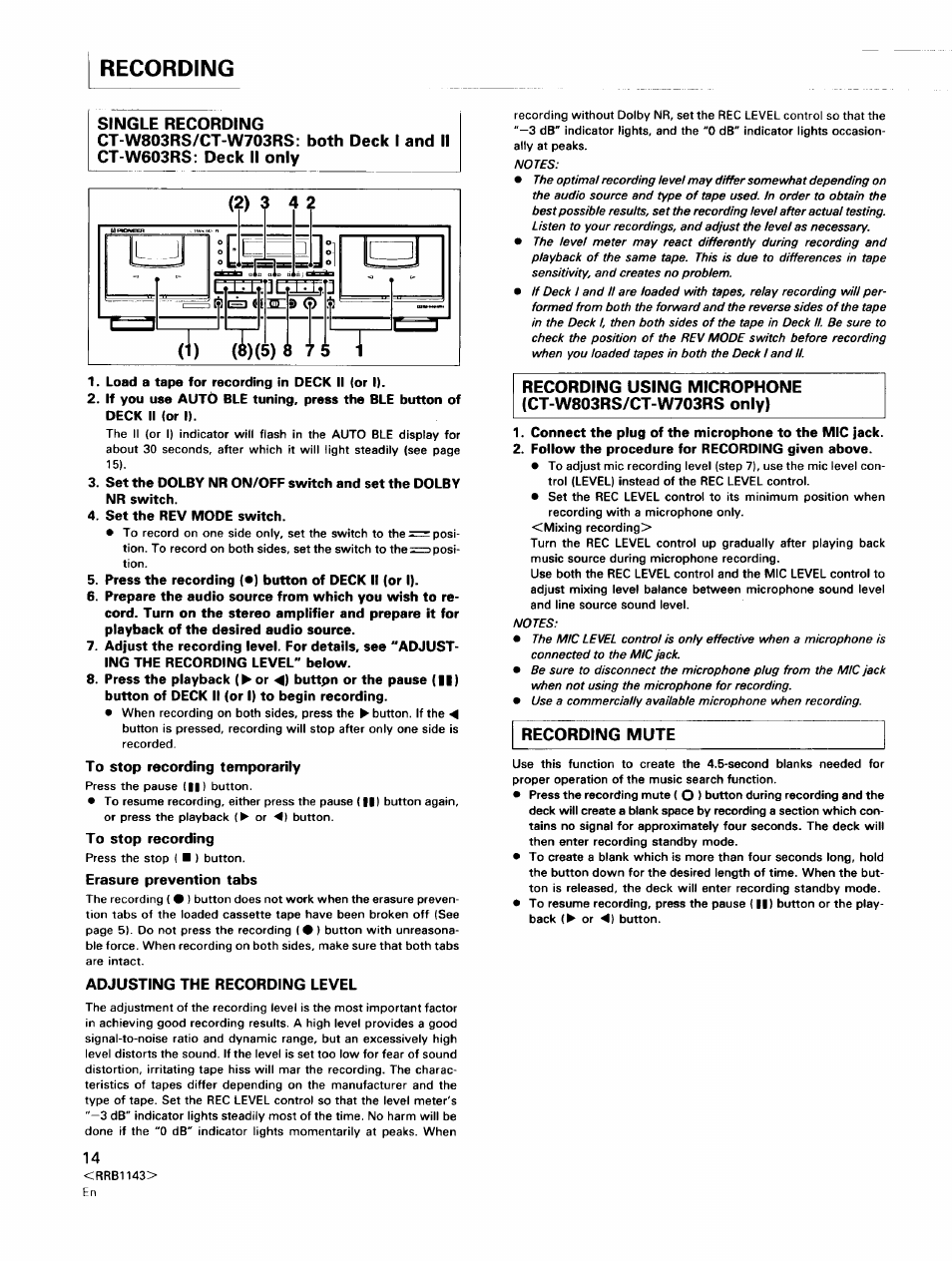 Recording | Pioneer CT-W603RS User Manual | Page 14 / 23