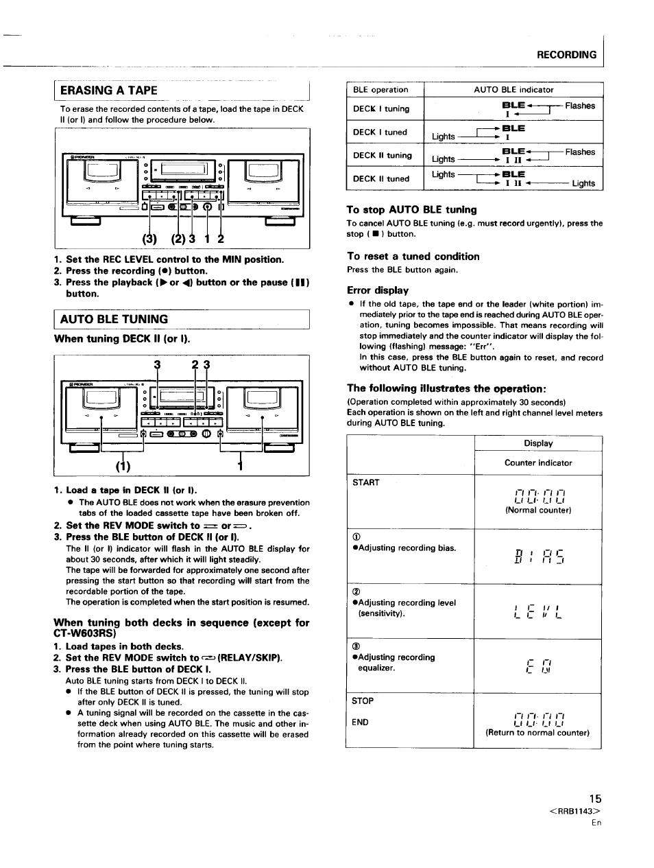 Erasing a tape, Set the rec level control to the min position, Press the recording (•) button | Auto rle tuning, When tuning deck ii (or i), Load a tape in deck ii (or i), Set the rev mode switch to or, Press the ble button of deck ii (or i), Load tapes in both decks, Set the rev mode switch to (relay/skip) | Pioneer CT-W603RS User Manual | Page 15 / 23