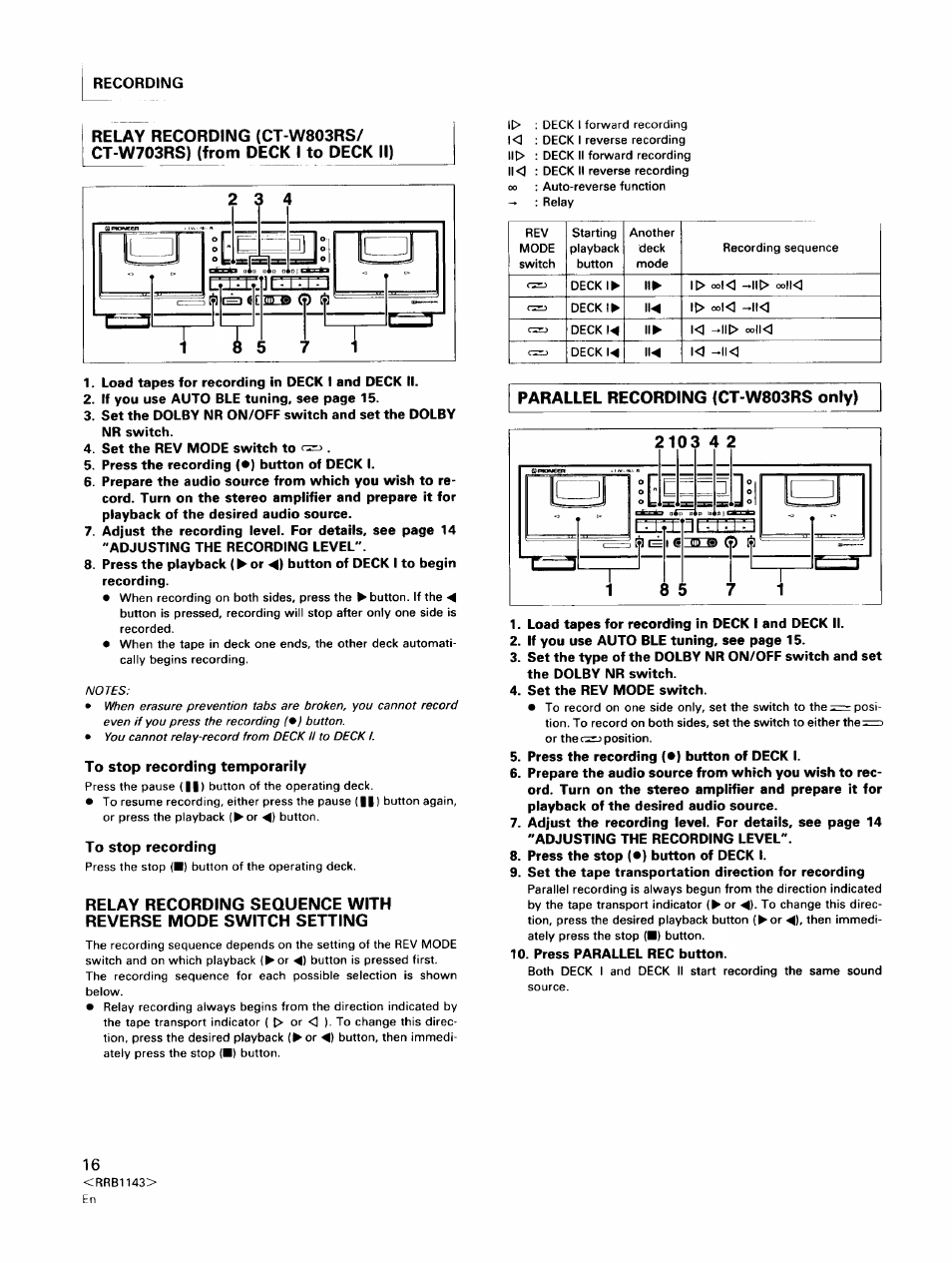Parallel recording (ct-w803rs only) | Pioneer CT-W603RS User Manual | Page 16 / 23