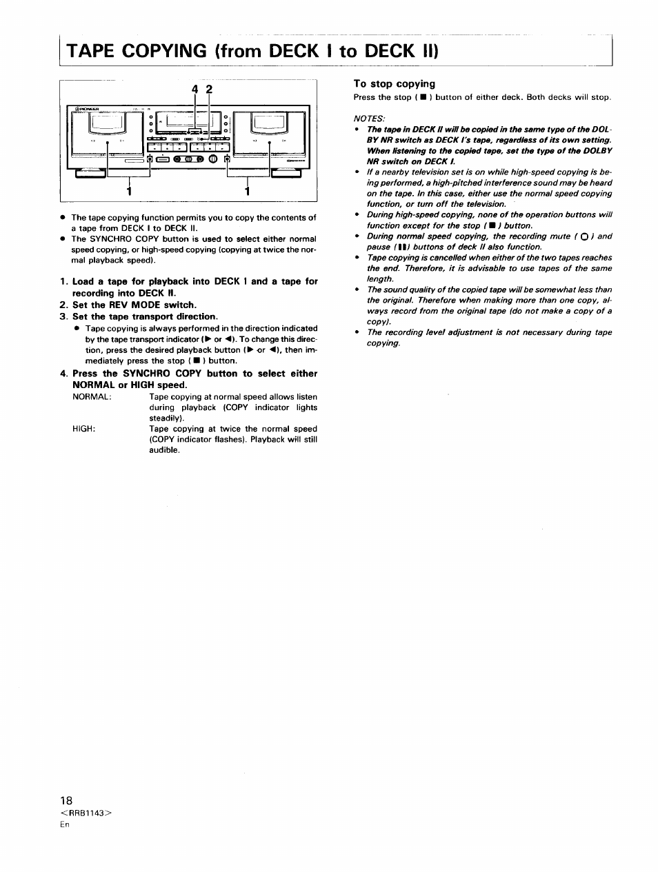 Tape copying (from deck i to deck ii), Set the rev mode switch, Set the tape transport direction | To stop copying, Tape copying | Pioneer CT-W603RS User Manual | Page 18 / 23