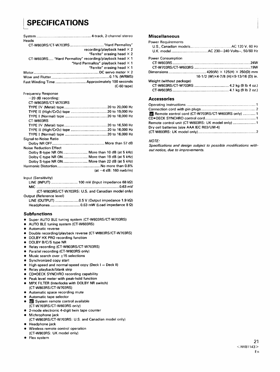 Specifications | Pioneer CT-W603RS User Manual | Page 21 / 23