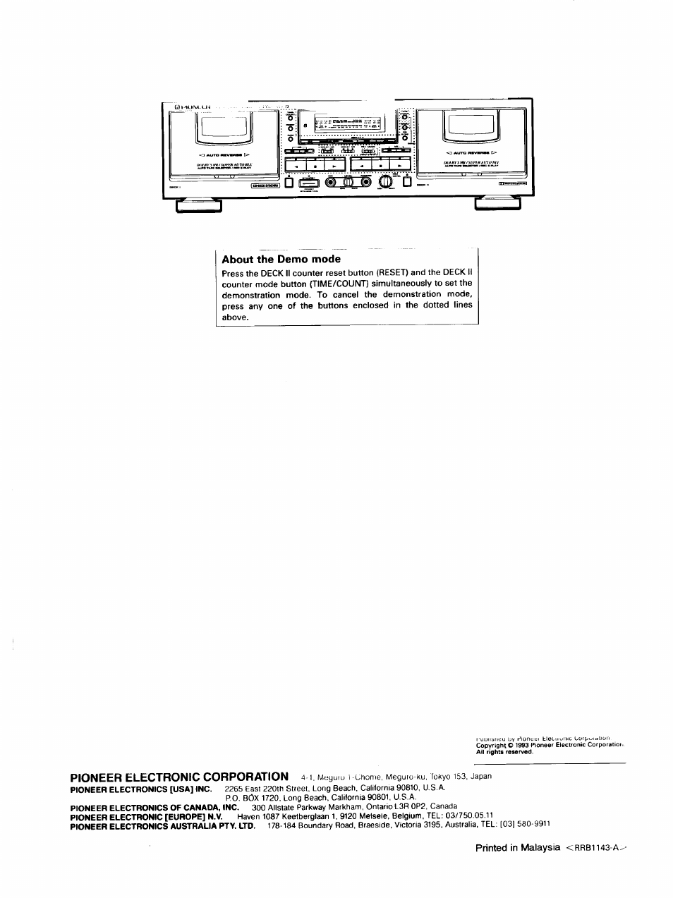 About the demo mode, Printed in malaysia <rrbii43-a | Pioneer CT-W603RS User Manual | Page 23 / 23