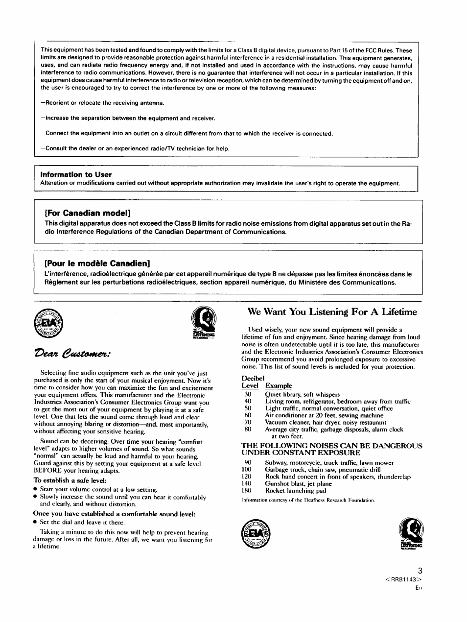 Information to user, For canadian model, Pour le modèle canadien | To establish a safe level, We want you listening for a lifetime, Decibel, Level example | Pioneer CT-W603RS User Manual | Page 3 / 23