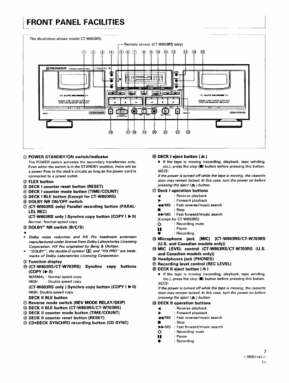 Front panel facilities | Pioneer CT-W603RS User Manual | Page 7 / 23