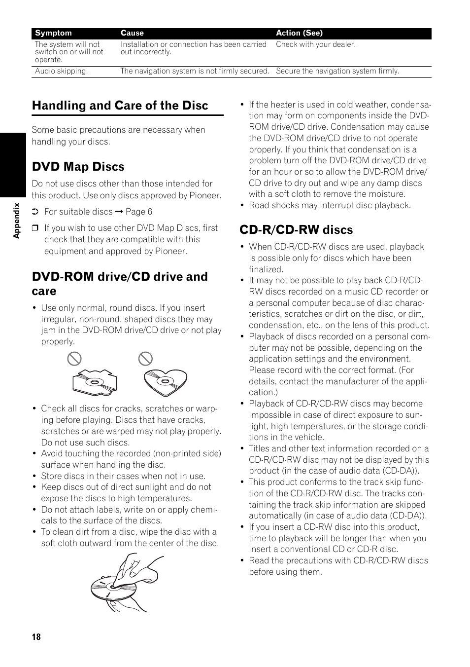 Handling and care of the disc 18, Dvd map discs 18, Dvd-rom drive/cd drive and care 18 | Cd-r/cd-rw discs 18, Handling and care of the disc, Dvd map discs, Dvd-rom drive/cd drive and care, Cd-r/cd-rw discs | Pioneer AVIC-D2 User Manual | Page 20 / 27
