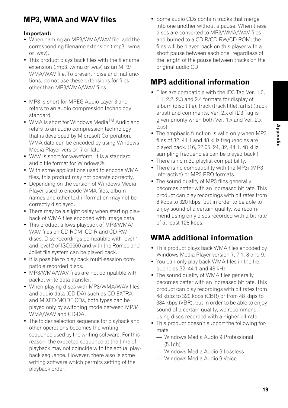 Mp3, wma and wav files 19, Mp3 additional information 19, Wma additional information 19 | Mp3, wma and wav files, Mp3 additional information, Wma additional information | Pioneer AVIC-D2 User Manual | Page 21 / 27