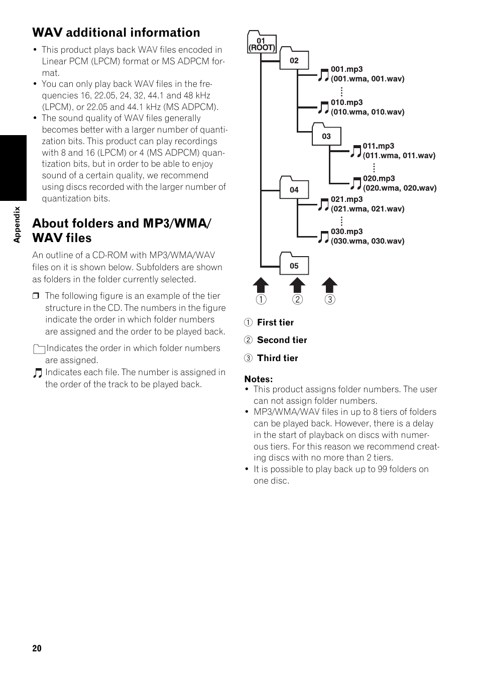Wav additional information 20, About folders and mp3/wma/wav files 20, Wav additional information | About folders and mp3/wma/ wav files | Pioneer AVIC-D2 User Manual | Page 22 / 27