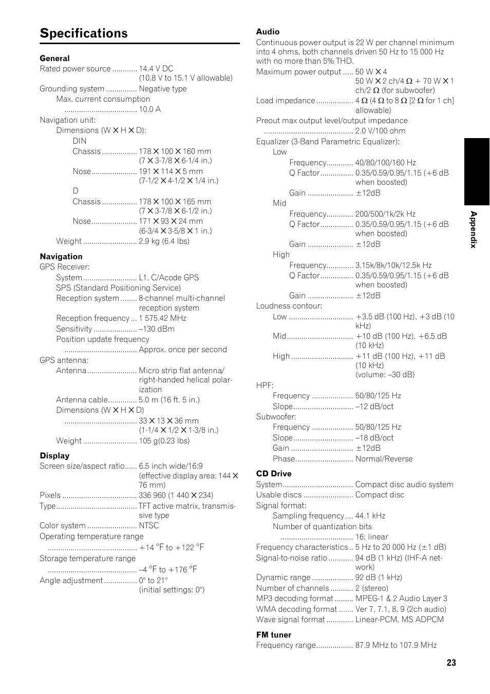 Specifications 23, Specifications | Pioneer AVIC-D2 User Manual | Page 25 / 27