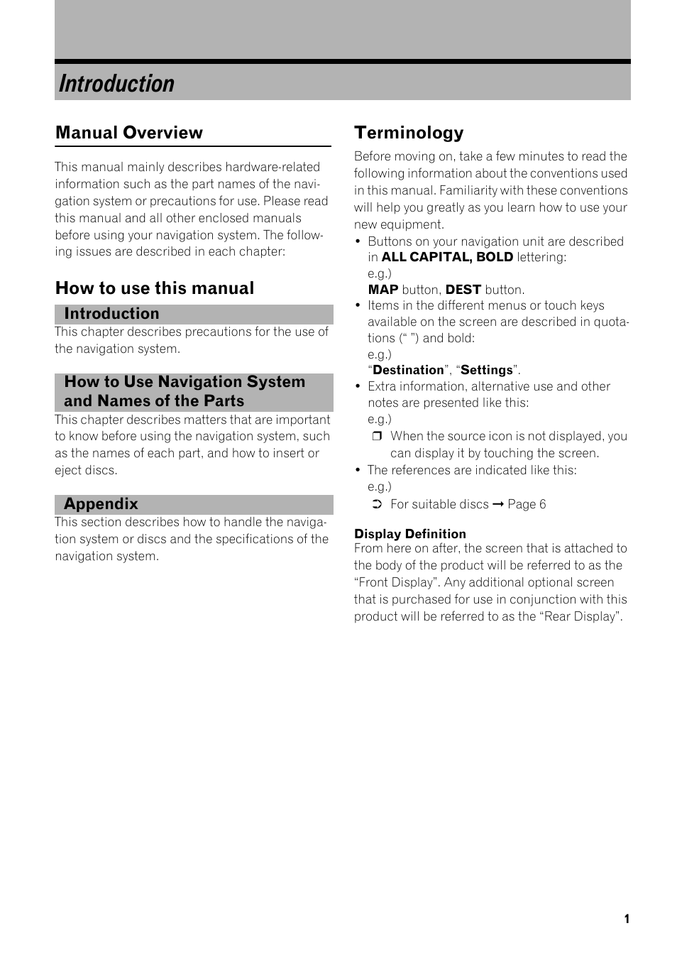 Introduction, Manual overview, How to use this manual terminology | Pioneer AVIC-D2 User Manual | Page 3 / 27